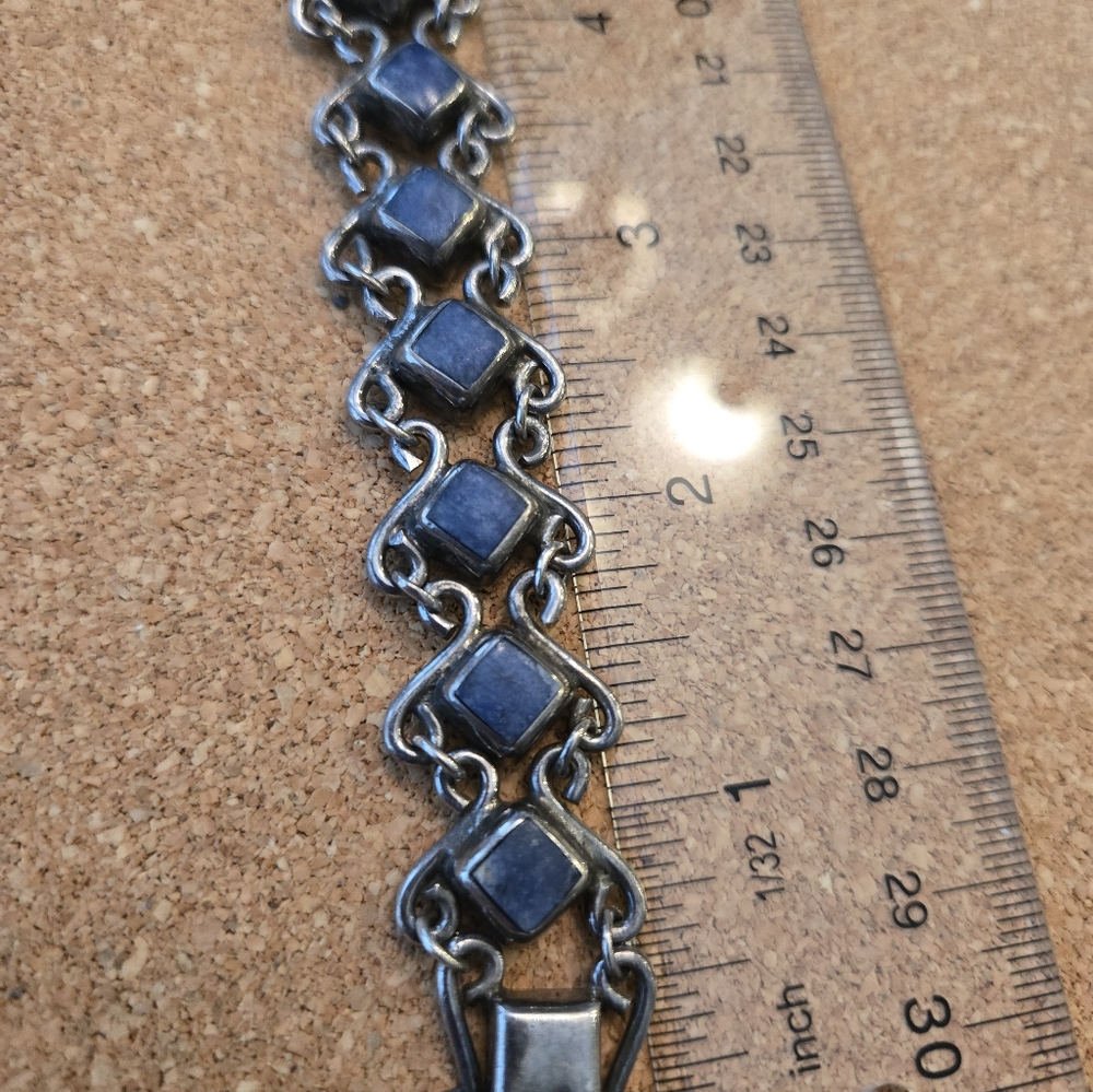 950 Sterling Silver Heavy Chunky Blue Lapis Geometric Bracelet 37.1 Grams